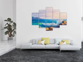 Tablou - Valuri lovind stânci, pictură în ulei (150x105 cm)