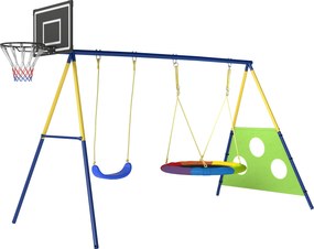 AIYAPLAY Set Leagăne de Grădină 4-în-1 pentru Copii cu Leagăne Duble, Coș de Baschet, Poartă de Fotbal, Cadru Metalic în Formă de A, Capacitate 150 kg, pentru Exterior, 3-8 Ani, 288x160x220 cm | Aosom Romania