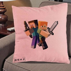 Perna Personalizata Minecraft Steve si Alex, 40x40 cm, Roz, Husa Detasabila, Perna Inclusa, BEKZ®