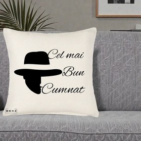 Cadou pentru Cumnat - Perna Personalizata Cel mai Bun Cumnat cu Silueta Palarie, 40x40 cm, Crem Reliefat, Husa Detasabila, Perna Inclusa, BEKZ®