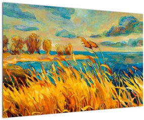 Tablou - Apus de soare peste lac, pictură acrilică (90x60 cm)