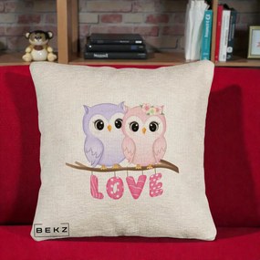 Perna Decorativa Love Bufnite Indragostite pe Crenguta Roz si Mov, 40x40 cm, Bej Canapea, Husa Detasabila, Perna Inclusa, BEKZ®