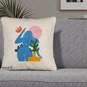 Perna Decorativa Femeie Albastra Cactus, 40x40 cm, Bej Canapea, Husa Detasabila, Perna Inclusa, BEKZ®