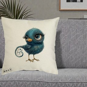 Perna Decorativa Pasare Teal cu Motive Aurii si Coada Spiralata, 40x40 cm, Ecru, Husa Detasabila, Perna Inclusa, BEKZ®