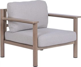 Set lounge exterior premium din aluminiu cu finisaj lemn, canapea, 2 fotolii și măsuță cu perne din olefină, „Cortina”