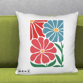 Perna Decorativa Flori Grafice Rosu-Albastru, 40x40 cm, Alb Pufos, Husa Detasabila, Perna Inclusa, BEKZ®