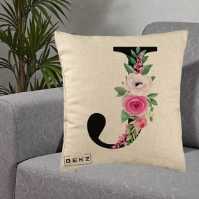 Cadou Personalizat - Perna Personalizata Monograma Florala Litera J, 40x40 cm, Bej, Husa Detasabila, Perna Inclusa, BEKZ®