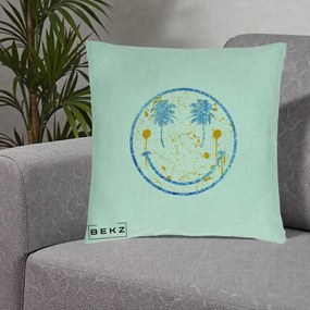 Perna Decorativa Smiley Face Tropical Albastru Glitter si Portocaliu, 40x40 cm, Verde Menta, Husa Detasabila, Perna Inclusa, BEKZ®