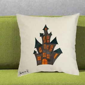 Perna Decorativa Halloween Casa Bantuita Minimalista, 40x40 cm, Ecru, Husa Detasabila, Perna Inclusa, BEKZ®