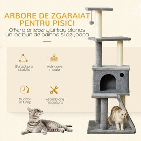 PawHut Copac pentru Pisici pe Mai Multe Niveluri cu Căsuță, Scară și Stâlpi din Sisal, Gri | Aosom Romania