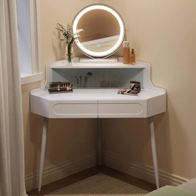 SEA493 - Set Masa toaleta 90 cm pentru colt, cosmetica machiaj, oglinda cu LED, masuta vanity - Alb