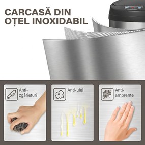 Coș de gunoi HOMCOM de 42L cu Senzor de Mișcare și Deschidere Automată, din Oțel Inoxidabil și ABS, 30.5x30.5x68 cm, Negru și Argintiu | Aosom Romania