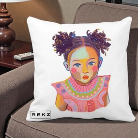 Perna Decorativa Fetita Vesela Portret Colorat, 40x40 cm, Alba Mata, Husa Detasabila, Perna Inclusa, BEKZ®