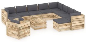 Set mobilier de gradina cu perne, 12 piese, lemn verde tratat Antracit si maro, 12