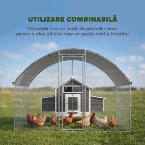 PawHut Țarc pentru Găini din Metal, Mare, cu Acoperire Impermeabilă și Anti-UV, Țarc Exterior cu Ușă Blocabilă, pentru 5-8 Găini, Argintiu | Aosom Romania