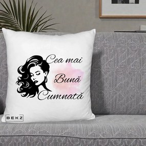 Cadou pentru Cumnata - Perna Personalizata Cea mai Buna Cumnata cu Silueta Dama si Pete Roz, 40x40 cm, Alb Pufos, Husa Detasabila, Perna Inclusa, BEKZ®