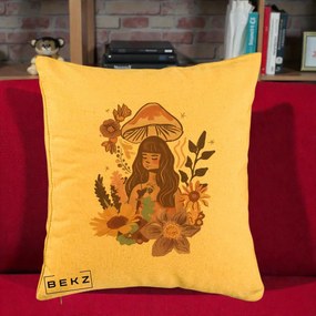 Perna Decorativa Fata Ciuperca Boho Florala, 40x40 cm, Galben, Husa Detasabila, Perna Inclusa, BEKZ®