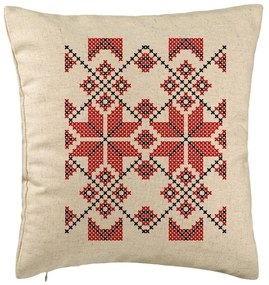 Perna Decorativa, Model cu Motive Romanesti, 40x40 cm, Bej, Husa Detasabila, Burduf