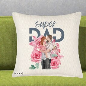 Cadou pentru Tata - Perna Personalizata Super Dad Tata cu Fetita si Flori, 40x40 cm, Crem Reliefat, Husa Detasabila, Perna Inclusa, BEKZ®