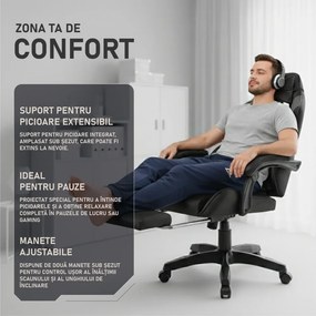 Scaun gaming, masaj în perna lombară, suport picioare, PU, Negru/Gri