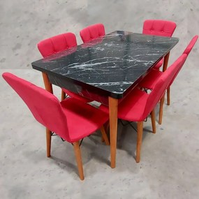 Set masa extensibila cu 4 scaune tapitate Homs cristal negru-rosu110 x 70 cm