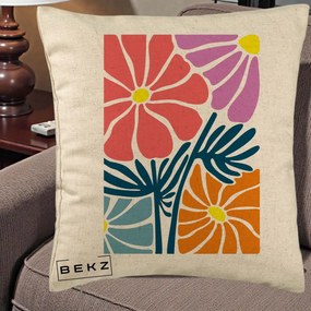 Perna Decorativa Flori Grafice Roz-Orange-Albastru, 40x40 cm, Bej, Husa Detasabila, Perna Inclusa, BEKZ®