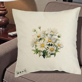 Perna Decorativa Buchet Margarete Albe Acuarela, 40x40 cm, Ecru, Husa Detasabila, Perna Inclusa, BEKZ®