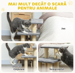 PawHut Scară pentru Câini și Pisici cu 3 Trepte din Pluș și Stâlpi Zgâriători din Sisal, Capacitate 10 kg, Gri | Aosom Romania