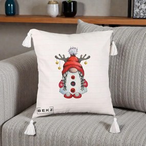 Perna Decorativa Pitic Gnom Craciun cu Coarne de Ren, 40x40 cm, Bej cu Franjuri, Husa Detasabila, Perna Inclusa, BEKZ®