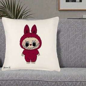 Perna Personalizata Labubu Rosu-Visiniu Solo, 40x40 cm, Crem Reliefat, Husa Detasabila, Perna Inclusa, BEKZ®