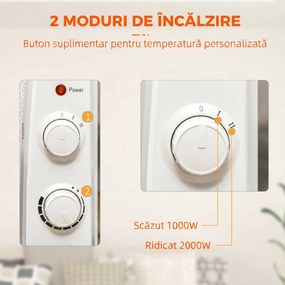 HOMCOM Radiator Electric Mică 1000W/2000W cu Termostat Reglabil, 15-20 m², 4 Roți, 79x27x54 cm, Alb | Aosom Romania