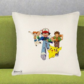 Perna Personalizata Pokemon Ash Misty Brock si Pikachu, 40x40 cm, Crem Reliefat, Husa Detasabila, Perna Inclusa, BEKZ®