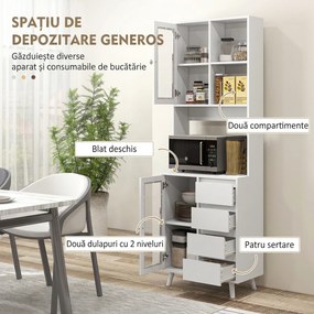 HOMCOM Servantă Înaltă de Bucătărie cu Uși din Sticlă, 2 Rafturi Deschise, 4 Sertare, Rafturi Reglabile, 60x35x180 cm, Alb | Aosom Romania