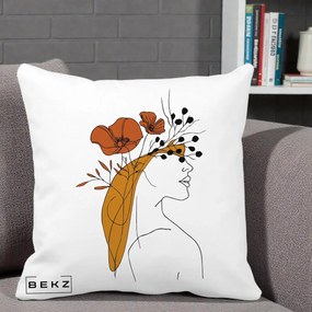 Perna Decorativa Portret Feminin Maci Rosii Auriu, 40x40 cm, Alba Mata, Husa Detasabila, Perna Inclusa, BEKZ®