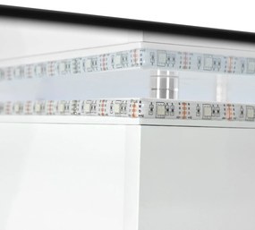 Măsuță de cafea modernă din sticlă lucioasă cu bandă LED reglabilă și roți pivotante, 80×80×40 cm, Alb+Negru