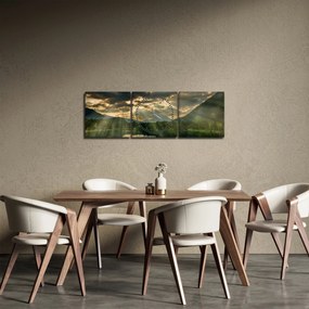 Tablou cu lac și soarele translucid (cu ceas) (90x30 cm)