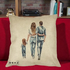 Cadou pentru Familie - Perna Personalizata Familie Acuarela Jeans, 40x40 cm, Crem, Husa Detasabila, Perna Inclusa, BEKZ®