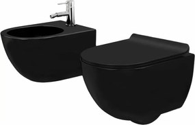 Set vas wc negru mat suspendat capac slim softclose si bideu Rea Carlo Mini
