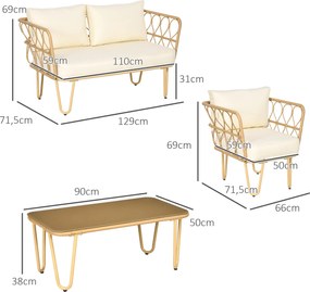 Outsunny Set de grădină canapea 2 locuri + 2 fotolii + 1 masă de cafea cu blat din sticlă securizată 7 perne ecru | Aosom Romania
