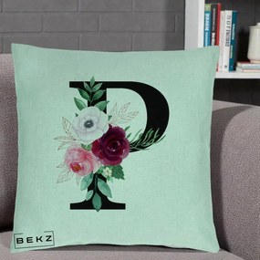Cadou Personalizat - Perna Personalizata Monograma Florala Litera P, 40x40 cm, Verde Menta, Husa Detasabila, Perna Inclusa, BEKZ®