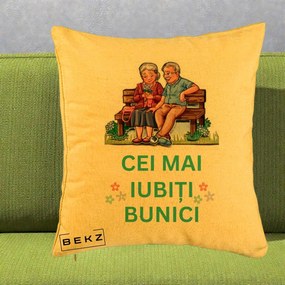 Cadou pentru Bunici - Perna Personalizata Cei Mai Iubiti Bunici Cuplu pe Banca Ilustratie, 40x40 cm, Galben, Husa Detasabila, Perna Inclusa, BEKZ®