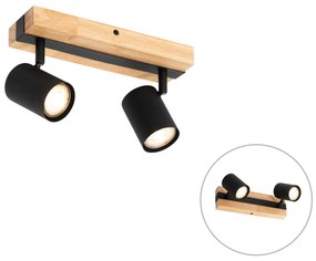 Plafoniera neagra cu lemn, 2 lumini reglabile, dreptunghiulara - Jeana