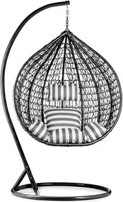 Scaun suspendat negru KOKON cu suport, perna alb-gri