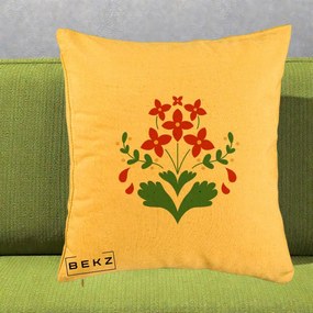 Perna Decorativa Buchet Floral Folk Rosu-Verde, 40x40 cm, Galben, Husa Detasabila, Perna Inclusa, BEKZ®