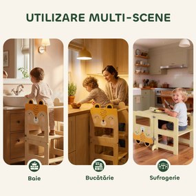 Turn Montessori AIYAPLAY pentru Copii 2-5 Ani cu Tablă și Măsuță, Scăunel pentru Copii din Placaj, 57x39x93 cm, Culoare Lemn | Aosom Romania