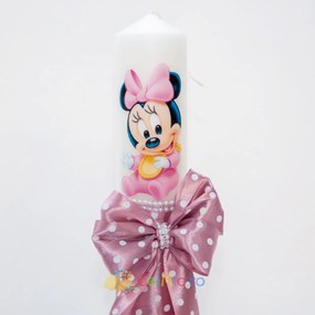 Lumanare botez cu panglica cu buline, funda si margele - Minnie, Roz Pudra, 35x5 cm - LPB-279