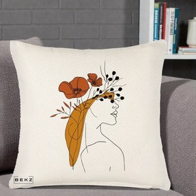 Perna Decorativa Portret Feminin Maci Rosii Auriu, 40x40 cm, Crem Reliefat, Husa Detasabila, Perna Inclusa, BEKZ®