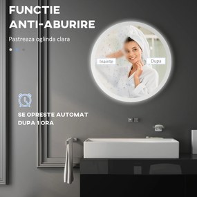 Kleankin Oglindă Rotundă LED pentru Baie, Reglabilă, 3 Temperaturi de Culoare, Anti-Ceță, 70cm | Aosom Romania