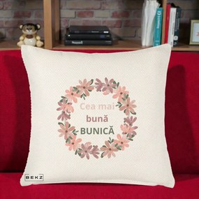 Cadou pentru Bunica - Perna Personalizata Cea Mai Buna Bunica Coronita Flori Roz, 40x40 cm, Crem Reliefat, Husa Detasabila, Perna Inclusa, BEKZ®