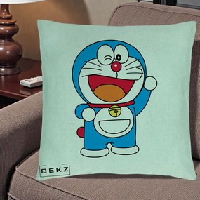 Perna Personalizata Doraemon Salutand, 40x40 cm, Verde Menta, Husa Detasabila, Perna Inclusa, BEKZ®
